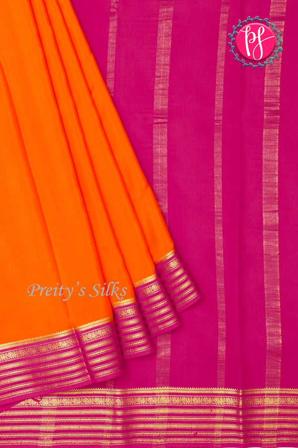 Pure Mysore Crepe Silk Saree -Orange And Pink-PF73884