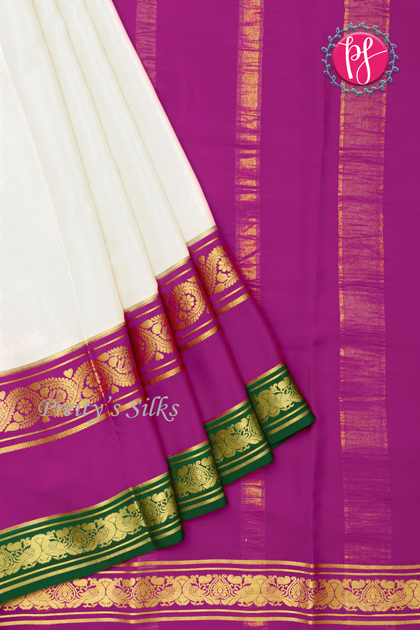 Pure Mysore Crepe Silk Saree -White And Purple Bottlegreen-PA01235