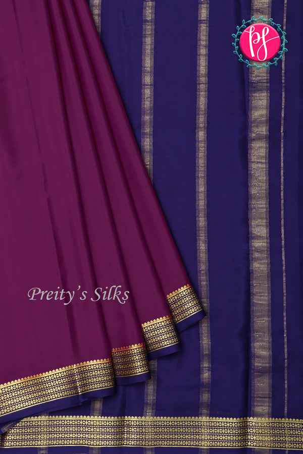Pure Mysore Crepe Silk Saree-Dep wine And Navyblue-PA22237