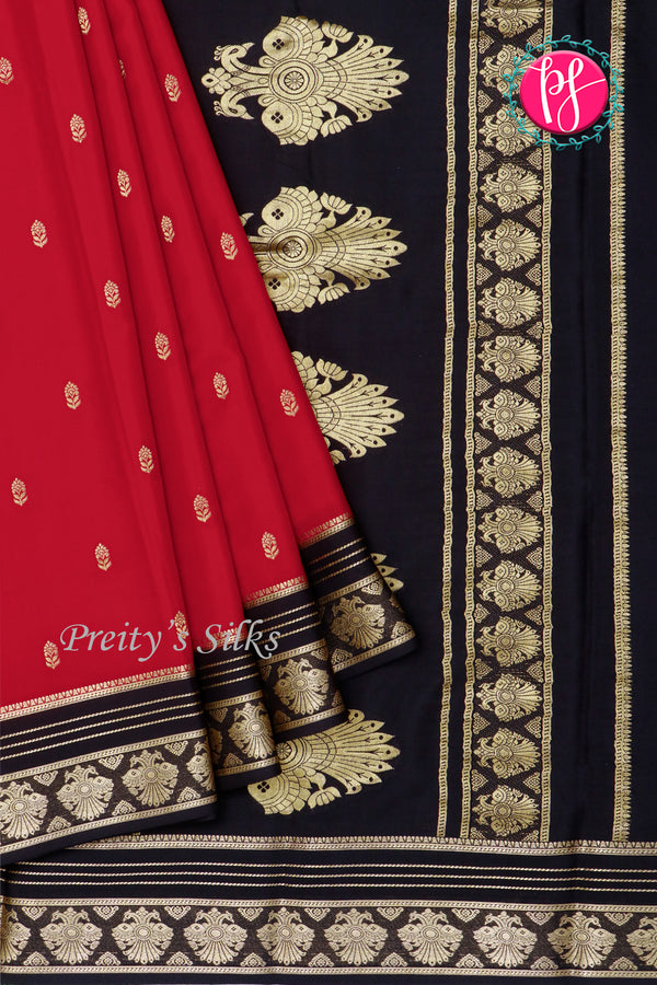 Pure Mysore Crepe Silk Saree-Red And Black-Peacock border-PA26542