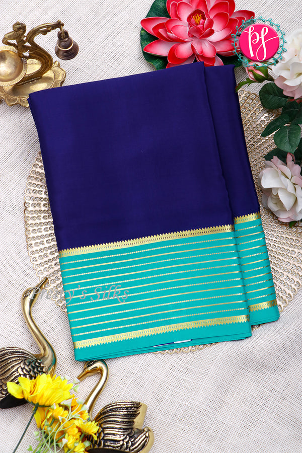 Pure Mysore Crepe Silk Saree-Navyblue And Tealblue-PA28865