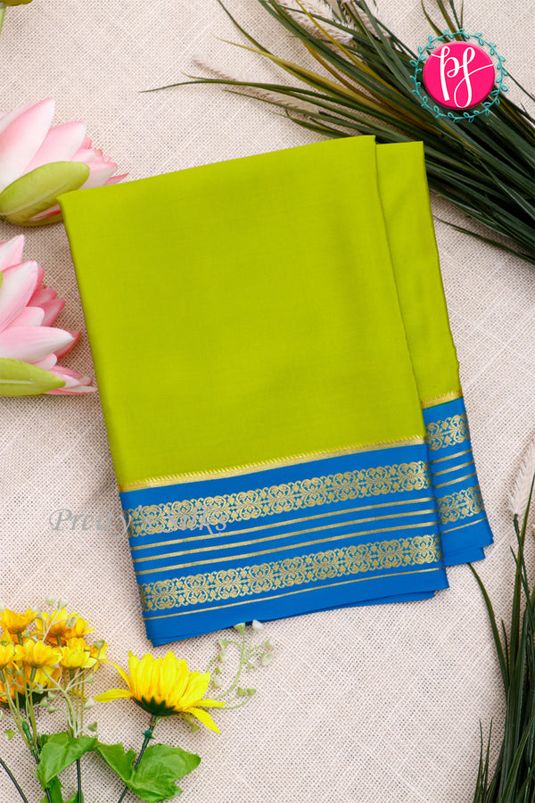 Pure Mysore Crepe Silk Saree-Bright olive green And Tealblue- PA34176