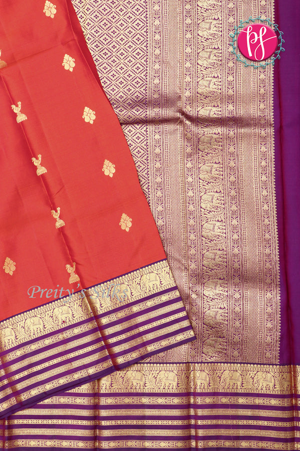 Pure Kanchipuram Silk Saree-Rustorange And Purple-PF47955