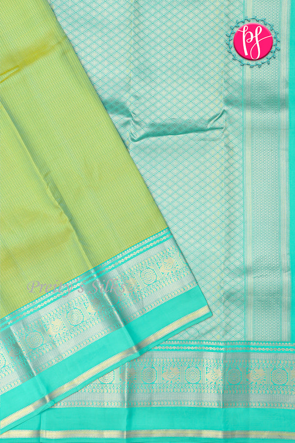 Half Pure Kanchipuram Silk Saree-Sage Green And Bright Turquoise-PA25832