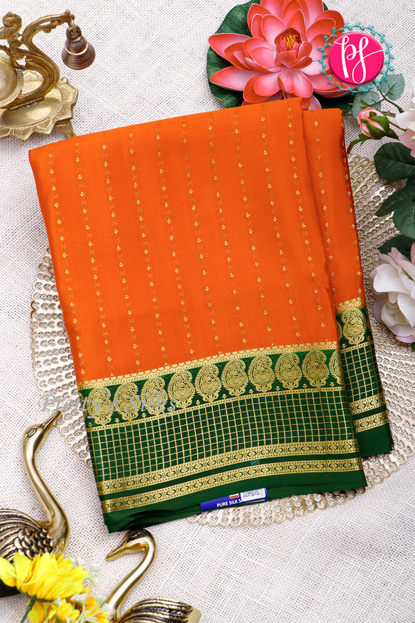 Pure Mysore Crepe Silk Saree-Orange And Bottlegreen-PA26566