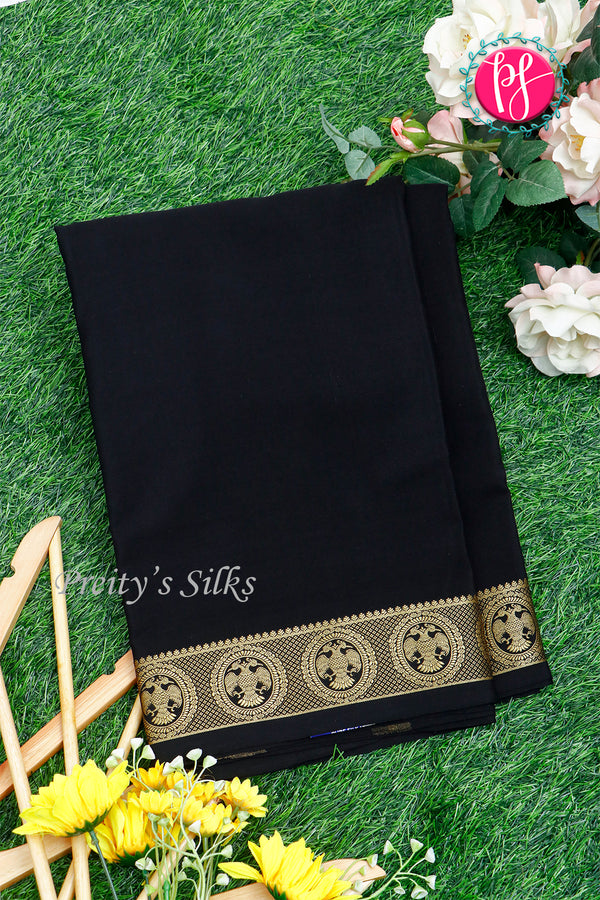 Pure Mysore Crepe Silk Saree-Gandaberunda Self-Black-PA29132
