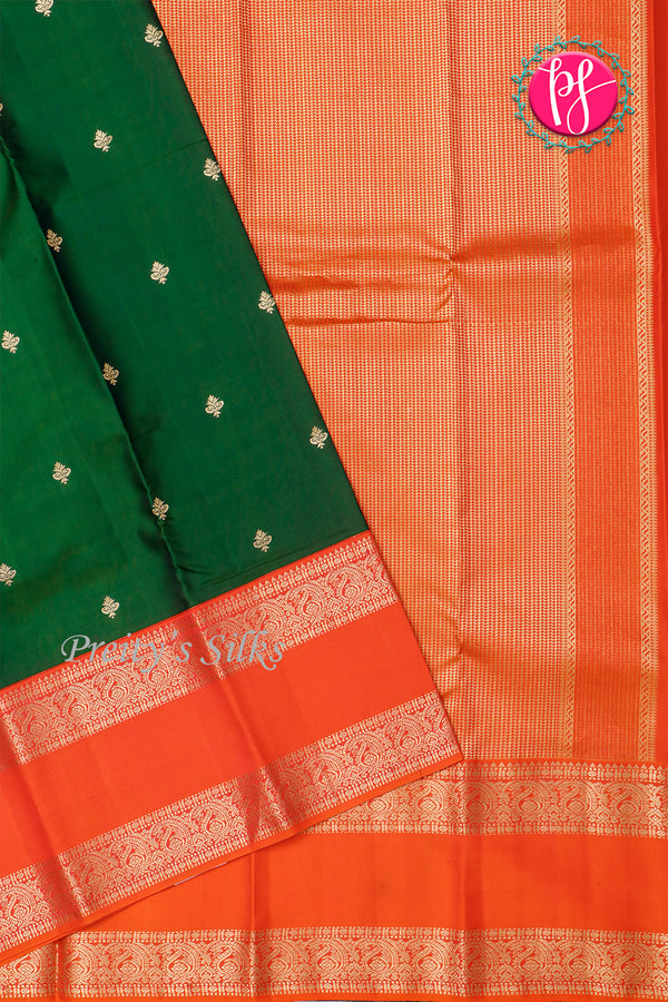 Pure Kanchipuram Silk Saree-Bottlegreen And Tomato Red-PA23592