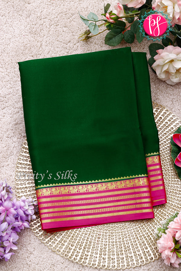 Pure Mysore Crepe Silk Saree-Bottlegreen And Pink-PA28717