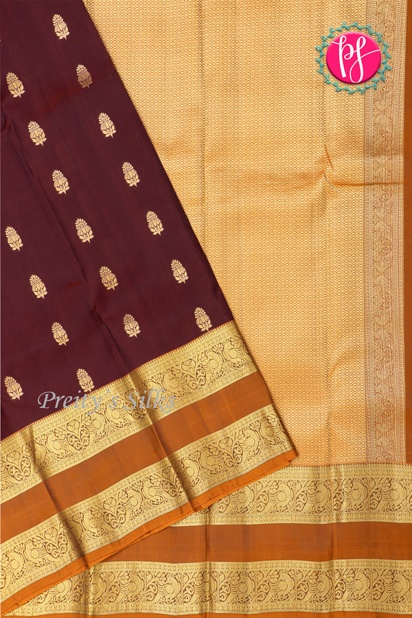 Half Pure Kanchipuram Silk Saree-Chocolate Brown And Mustardyellow-PA25793