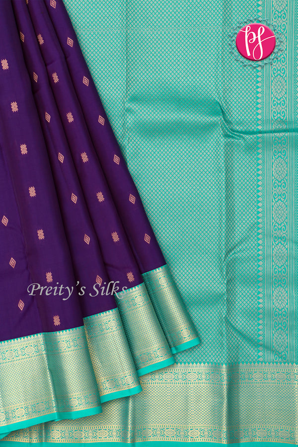 Half Pure Kanchipuram Silk Saree-Deep Purple And Turquoise -PF82159