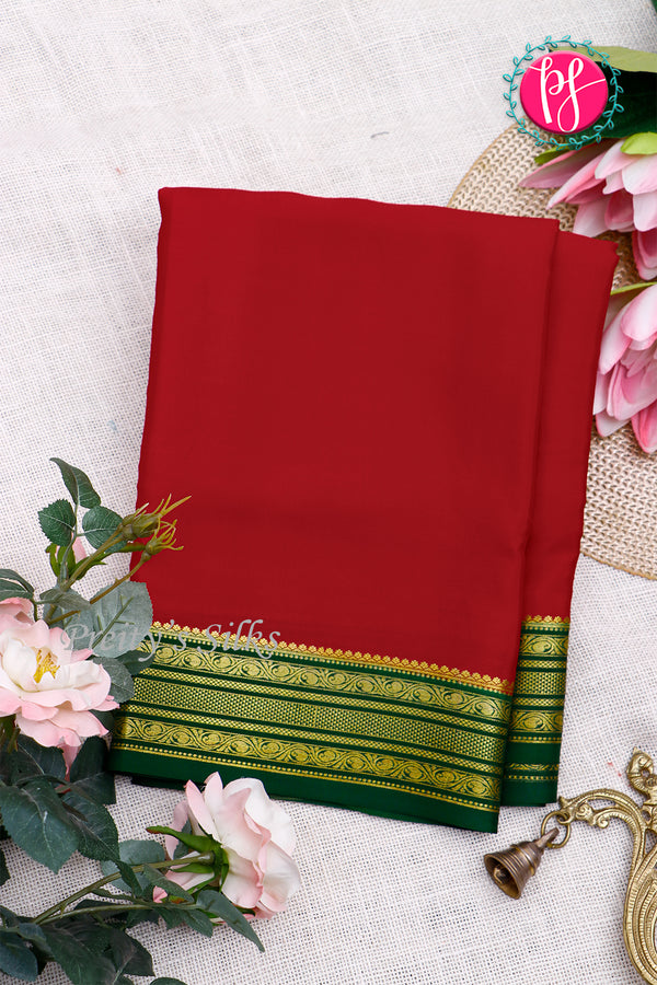 Pure Mysore Crepe Silk Saree-CrimsonRed And Bottlegreen-PA28981