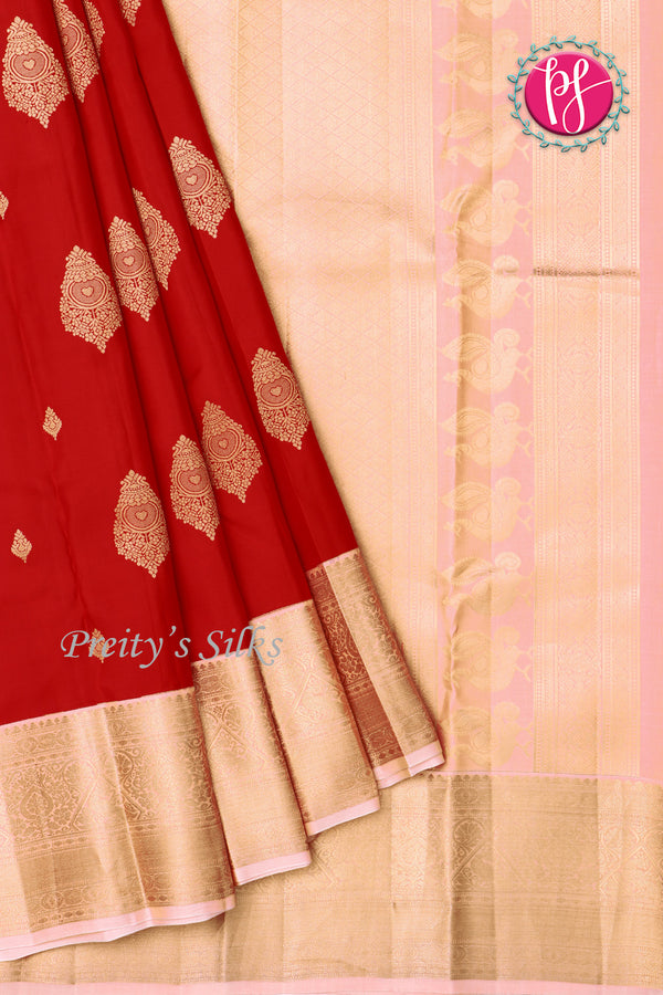 Pure Kanchipuram Silk Saree-Red And lightpink-PF81272