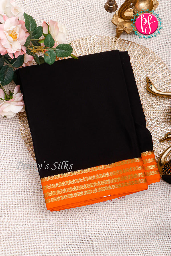 Pure Mysore Crepe Silk Saree-Black And Orange-PA19960