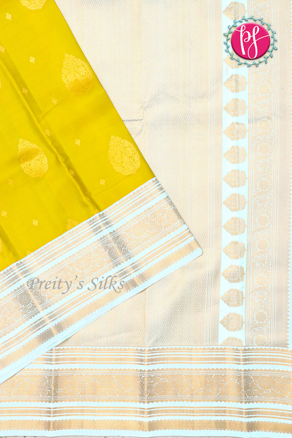 Pure Kanchipuram Silk Saree-Ligth Lime Green With Ligth Sea Blue-PF81271