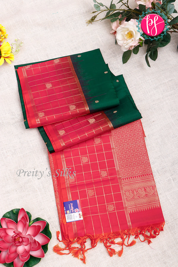 Kanchipuram Soft Silk Saree-Bottlegreen And KanakambaraPinkPA27323