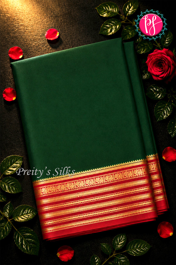 Pure Mysore Crepe Silk Saree -Bottlegreen And Red-PA47018