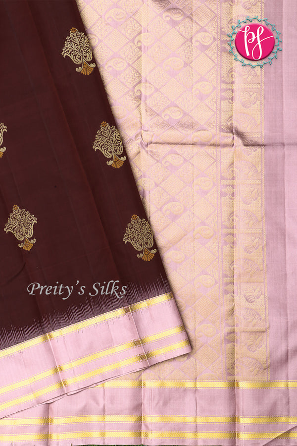 Pure Kanchipuram Silk Saree-Chocolate brown And Lightpink- PA04408