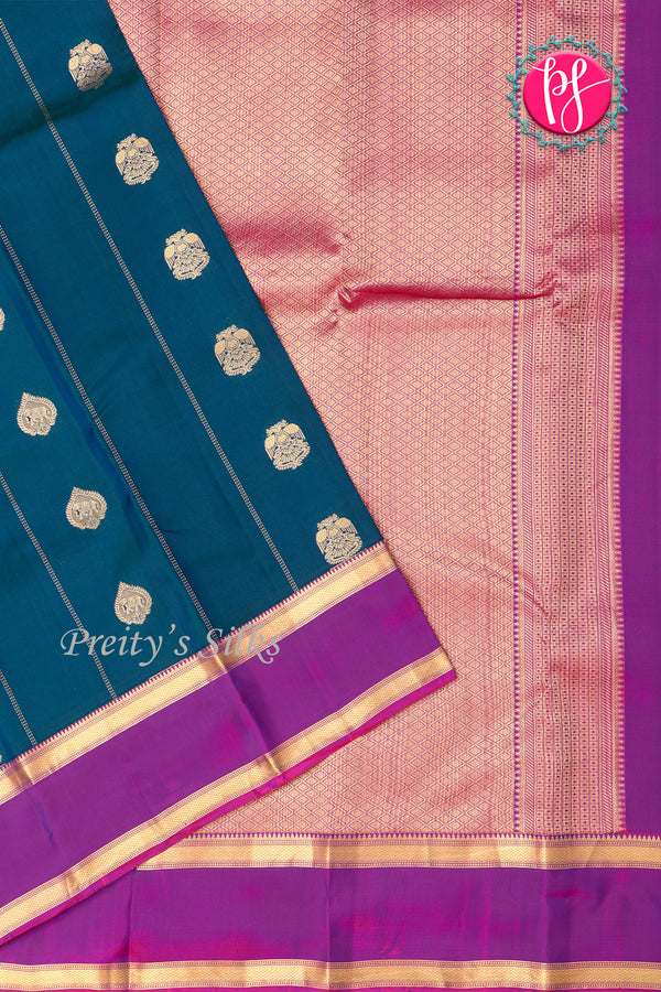 Half Pure Kanchipuram Silk Saree-Peacockblue And Purple-PA25965