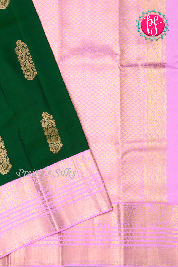 Pure Kanchipuram Silk Saree-Bottlegreen And Lightpink-PA23514