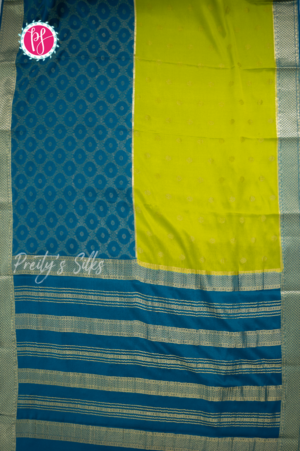 Pure Mysore Crepe Silk Saree-Half And Half pattern-Olive green And Tealblue- PA56238