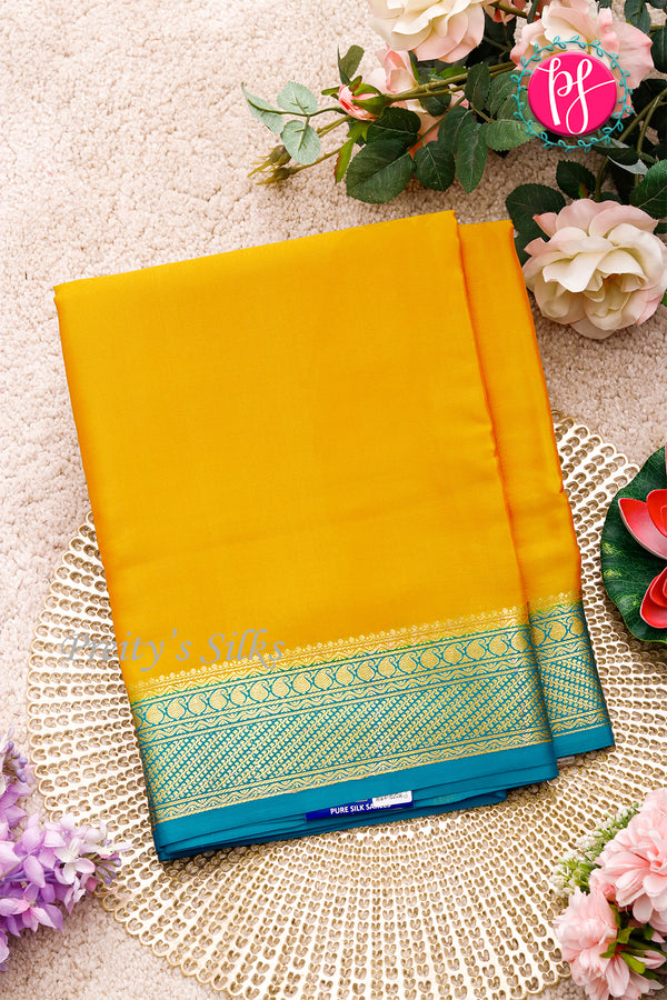 Pure Mysore Crepe Silk Saree-Yellow And Tealblue-PA22436