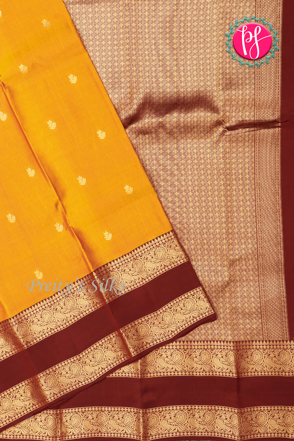 Half Pure Kanchipuram Silk Saree-Mustardyellow And Maroon-PA25793