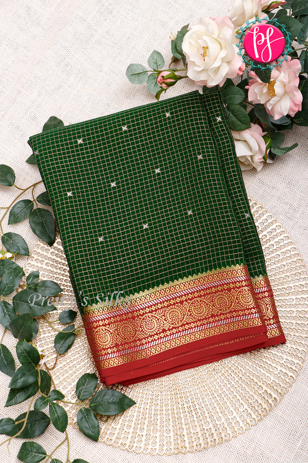 Pure Mysore Crepe Silk Saree-Bottlegreen And Red-PA46766