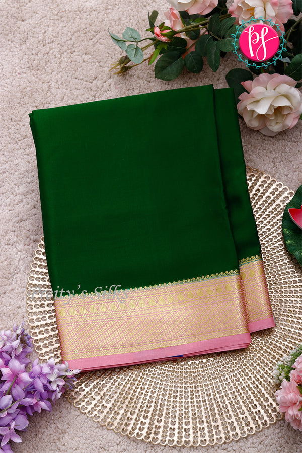 Pure Mysore Crepe Silk Saree-Bottlegreen And Babypink-PA22436