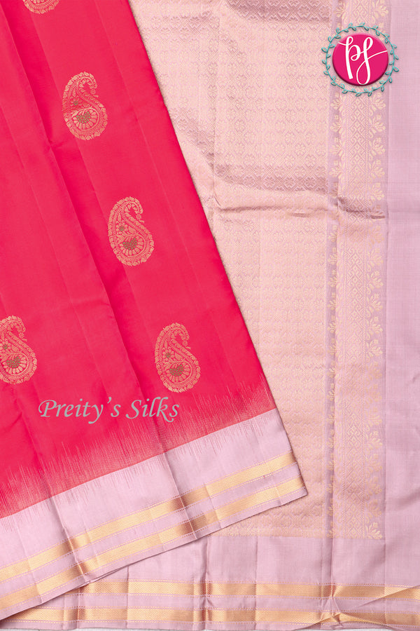 Pure Kanchipuram Silk Saree-Red And Blush Pink-PA04407