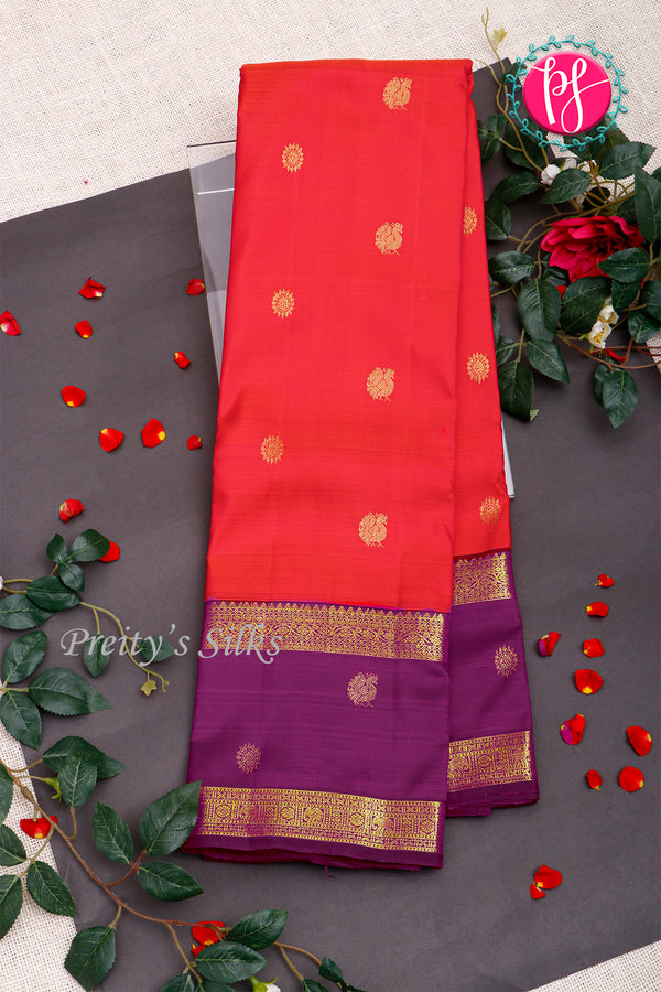 Pure Kanchipuram Silk Saree-Red And Purple-PA26219