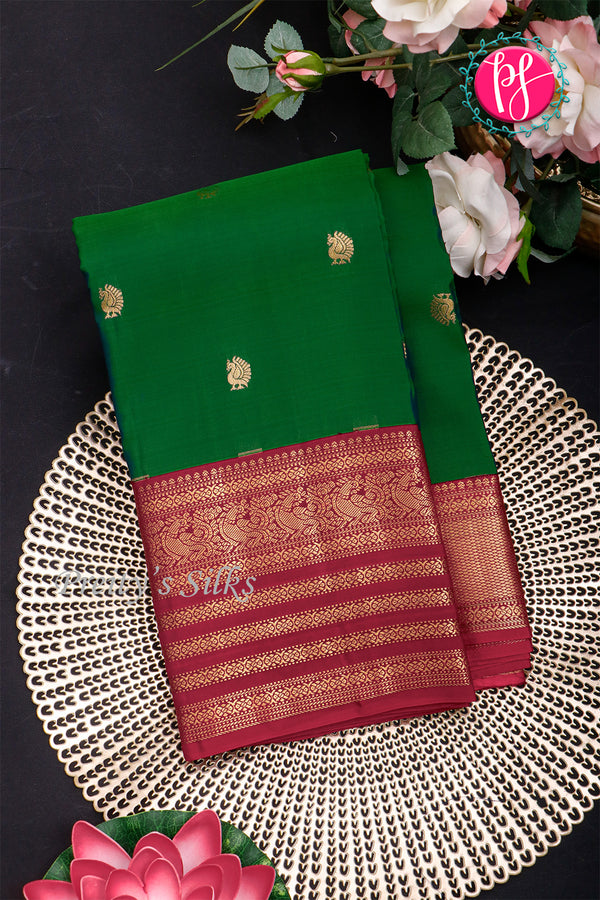 Half Pure Kanchipuram Silk Saree-Bottlegreen And Marron-PA35212