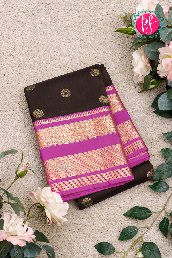 Half Pure Kanchipuram Silk Saree-Black And Pink-PA25014
