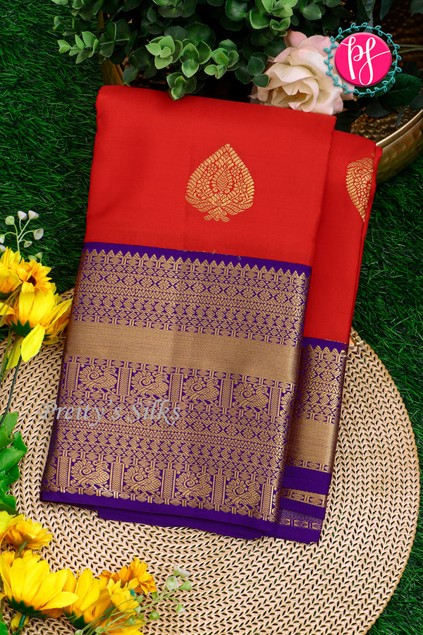 Pure Kanchipuram Silk Saree-Red And Blue-PA23514