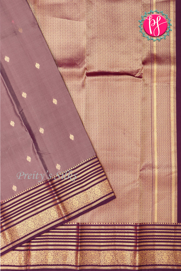 Half Pure Kanchipuram Silk Saree-Grayish-purple pink And Marron-PA25779