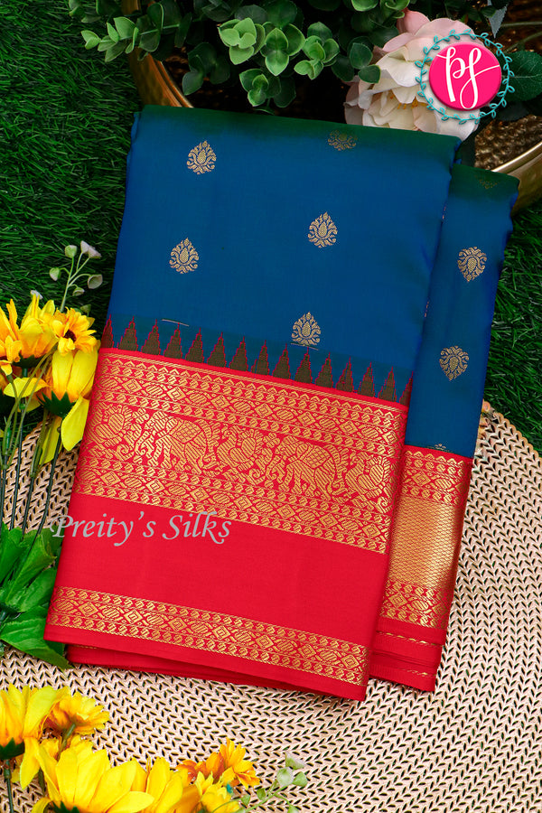 Pure Kanchipuram Silk Saree-Peacockblue And Red-PA23514