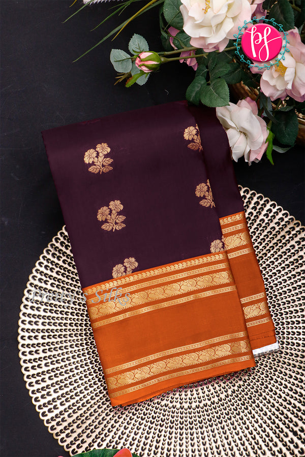 Half Pure Kanchipuram Silk Saree-Dark Plum And Rustorange-PA35211