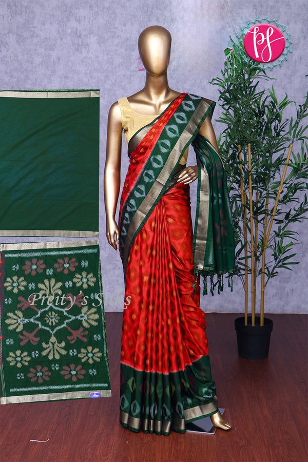 Semi Ikkat Pochampally silk saree-Red And BottleGreen-PA03525