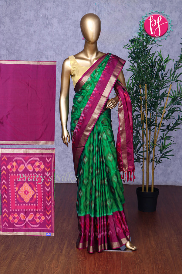 Semi Ikkat Pochampally silk saree-PA03525-Bottlegreen-mejentapink