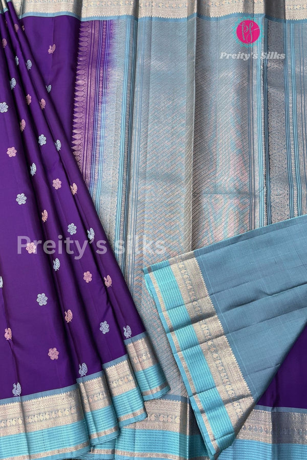 Pure Kanchipuram Silk Saree-Navyblue And Skyblue-PA50625