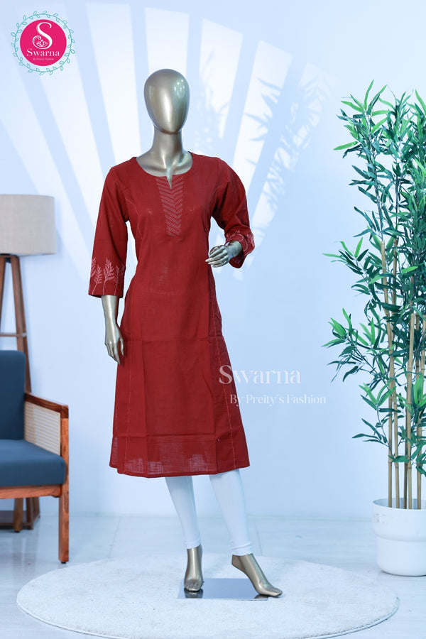 classic cotton top in a rich maroon shade with elegant embroidery-SWRM037