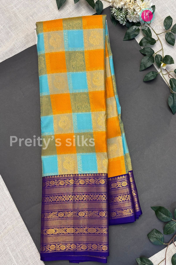 Pure handloom Kanchipuram Silk Saree-Seablue yellow Checks And Blue-PA50619