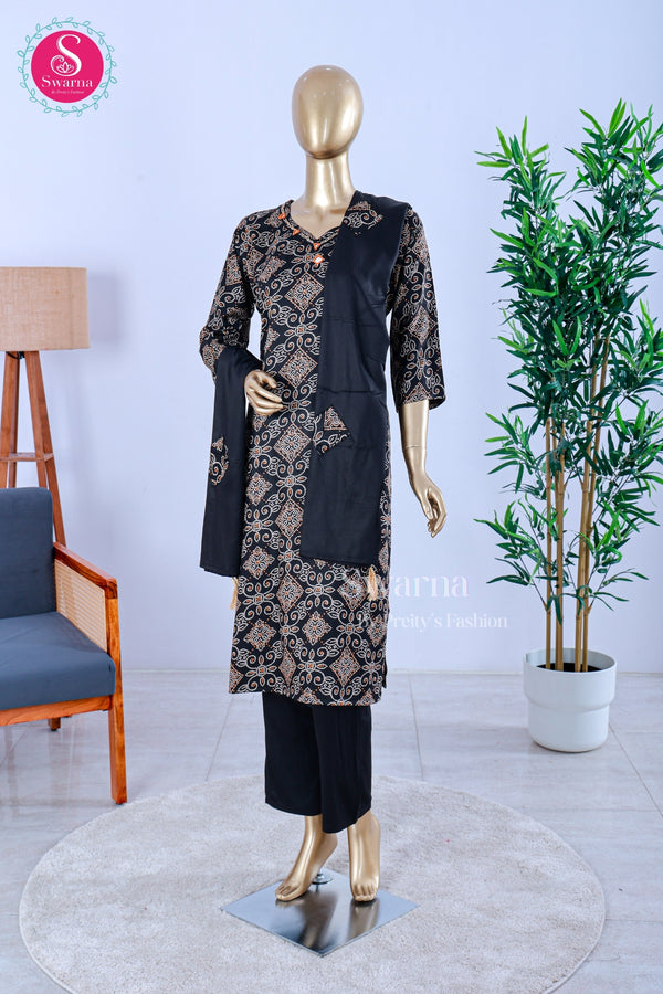 Elegant black printed kurta set and matching duppata- SWRM714