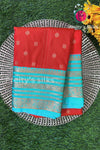 Semi Kanchipuram Silk Saree -Red with Skyblue-PA39339