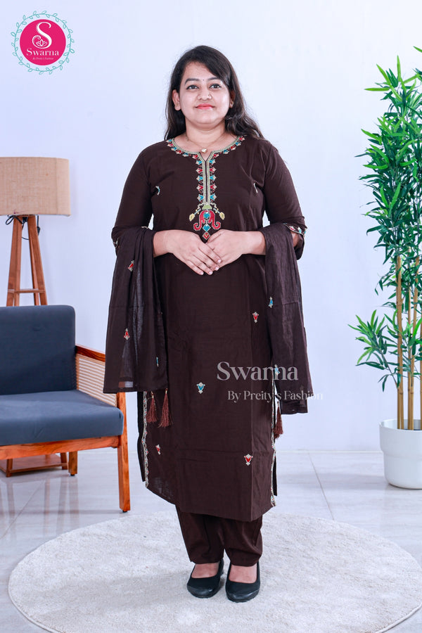 Elegant brown embroidered kurta set with matching pants and a lightweight dupatta - SWRM278
