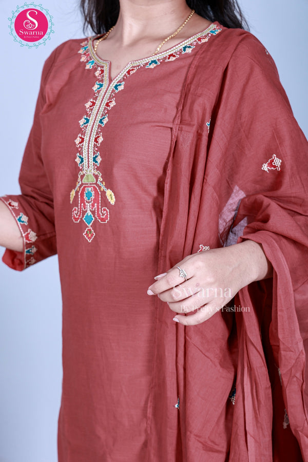 Brick brown Embroidered Straight Kurta with Pant and Dupatta Set-SWRM328