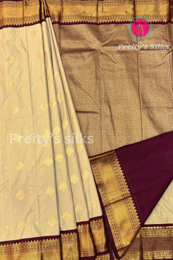 Semi Kanchipuram Silk Saree -Creme with Deepmarron -PA39339