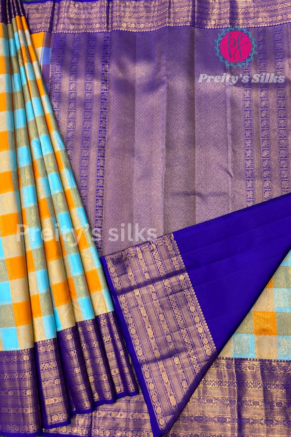 Pure handloom Kanchipuram Silk Saree-Seablue yellow Checks And Blue-PA50619