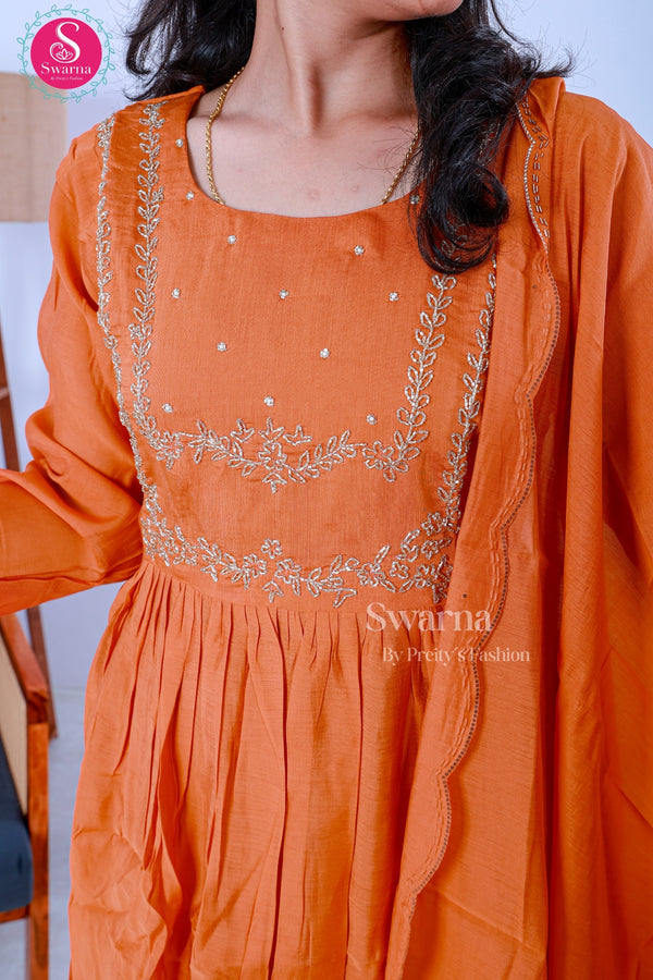 Rust Orange Embroidered Anarkali Suit Set-SWRM708