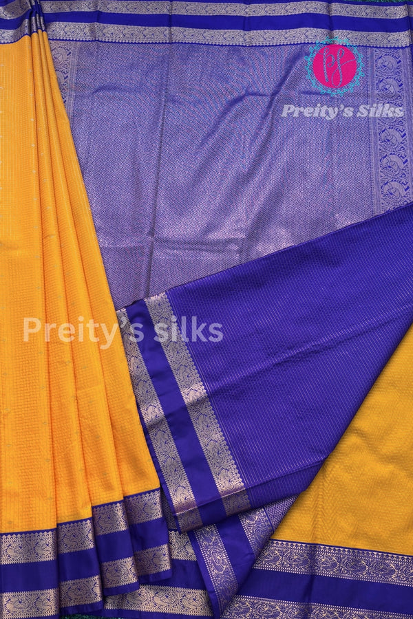 Semi Kanchipuram Silk Saree -Yellow with Blue-PA39339