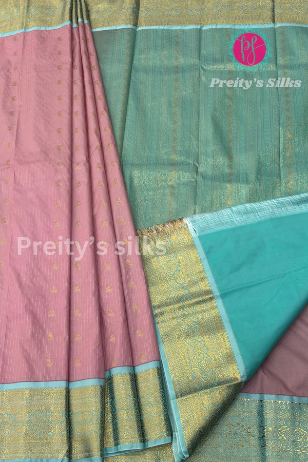 Semi Kanchipuram Silk Saree -Light Pink with Seablue-PA39339